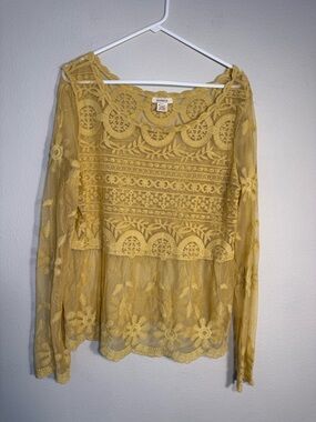 Sundance Yellow Sheer Embroidered Lace Mesh Boho Blouse XL boho cottagecore